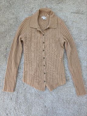 Pilcro Camel Ribbed Button-Front Cashmere Sweater